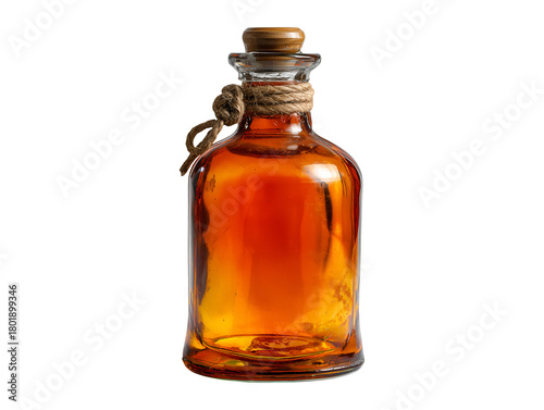 Glass bottle with amber liquid isolated on transparent or white background, png