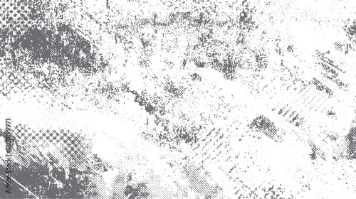 Abstract grey and white speckled texture with distressed grunge overlay and halftone dots pattern background