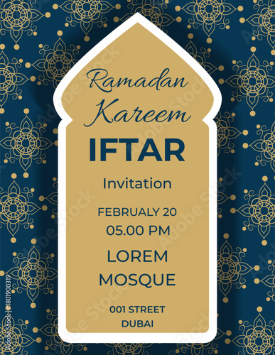 An elegant iftar invitation with golden Islamic ornaments on a dark blue background.  Suitable for printing and digital mailing, festive and religious events during Ramadan