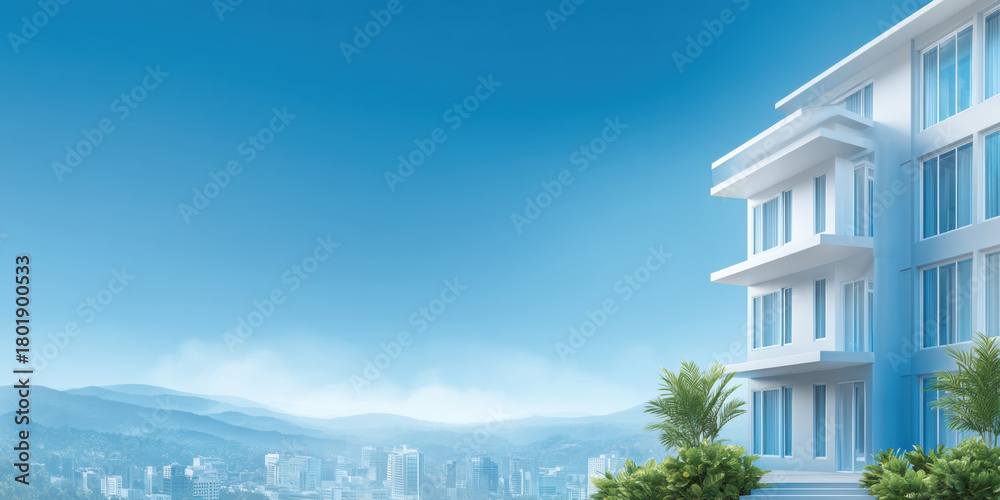 Naklejka premium Modern apartment exterior with balcony overlooking stable financial city skyline and blue sky