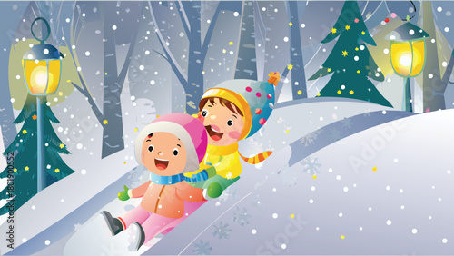 Enchanting cartoon forest scene with joyful children sliding down hills amidst colorful trees and playful elements perfect for kids themes and storybook illustrations