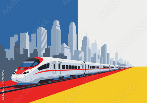 Futuristic electric bullet train on a railroad track with a metropolitan cityscape silhouette. A colorful vector illustration for transportation and travel concepts