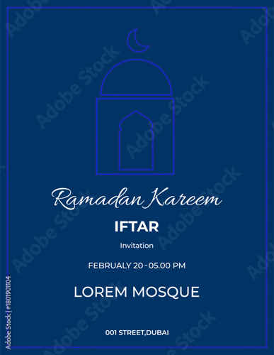 Invitation to the iftar on a dark blue background.Ramadan Kareem.A template for printing and e-mailing, festive and religious events during Ramadan