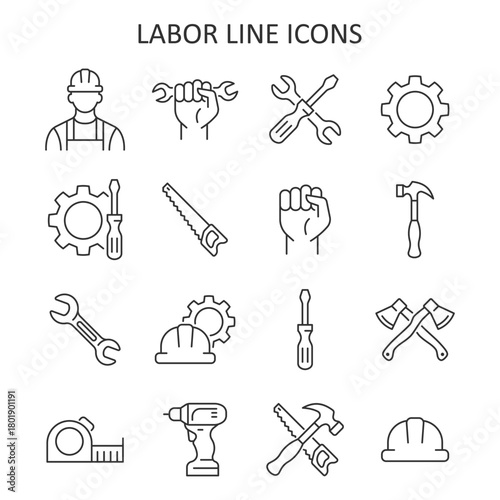 Labor line icons set for worker and constuction concept. Outline vector symbol of hand tools, gear, worker, hand with wrench, screwdriver, saw, helmet for industrial representation.