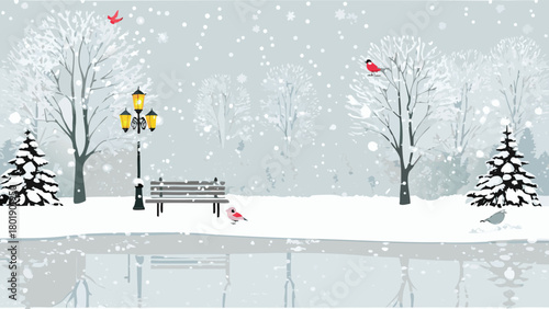 Serene winter scene featuring a solitary wooden bench placed beside a frozen pond illuminated by the warm glow of a street lamp on a cold evening