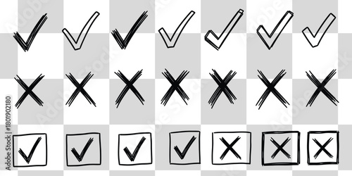 Hand drawn checkmarks and crosses symbolizing choice, completion, or rejection in a simple graphic pattern