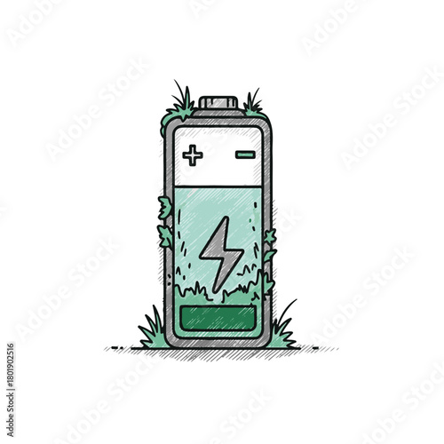 Eco-friendly battery illustration with grass and lightning symbol  
