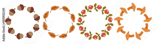 A set of botanical wreaths with autumn leaves, mushrooms, acorns and berries. Round frames with a natural theme. Vector hand-drawn flat illustration. Perfect for cards, invitations, decorations, logo.
