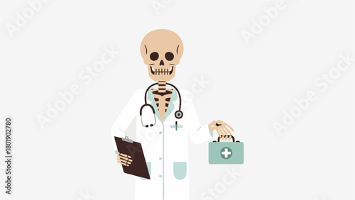 illustration of a skeleton scientist wearing a lab coat and safety goggles, meticulously working with a microscope and various laboratory glassware.