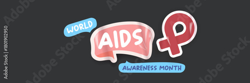 World AIDS awareness month retro banner with red ribbon. World HIV awareness month starts in December. Red ribbon with text isolated on grey background. World AIDS Day December 1st