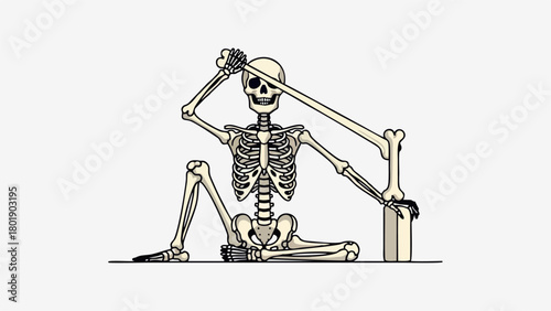 Funny, distressed skeleton illustration scratching its skull with a giant bone, while holding a bottle in the other hand.