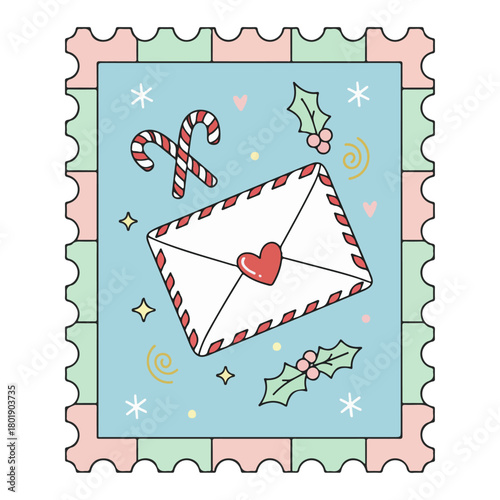 Festive Letter to Santa Envelope with Heart Sticker and Candy Canes on Pastel Blue Background
