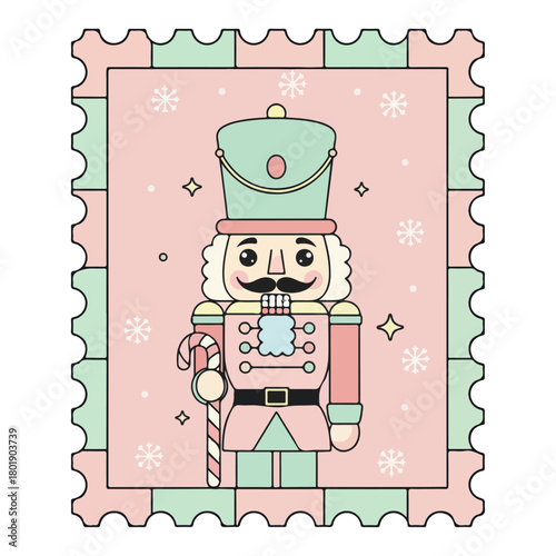 Smiling Pastel Nutcracker Character Stamp on Pink Background
