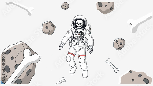 illustration depicting a human skeleton inside an astronaut's suit floating in a white, zero-gravity environment.