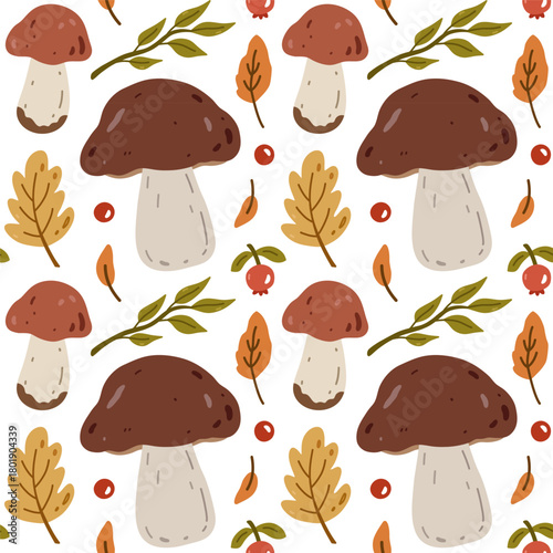 Cute autumn seamless pattern with mushrooms, leaves, berries on a white background. Vector hand-drawn illustration in a flat style. Perfect for wallpaper, wrapping paper, textiles. Botanical print.