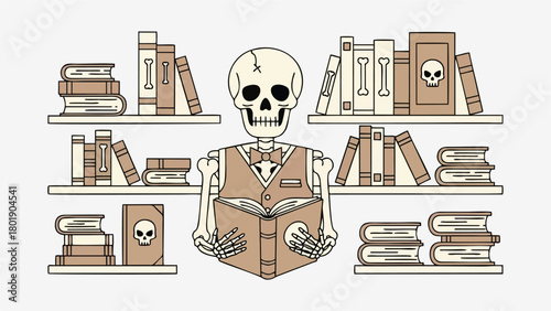 A vintage-style, minimalist line-art illustration featuring a skeleton wearing a vest and a bow tie while intently reading an open book.