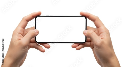Hands Holding Smartphone with Blank White Screen in Horizontal Orientation, Mobile phone, Handheld, Gripping