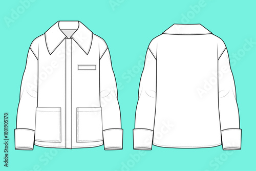 Unisex Oversized Collared Boxy Jacket Technical Flat Sketch Drawing Illustration Template
