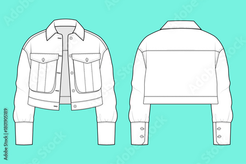 Women’s Cropped Utility Button-Front Jacket Fashion Technical Flat Sketch