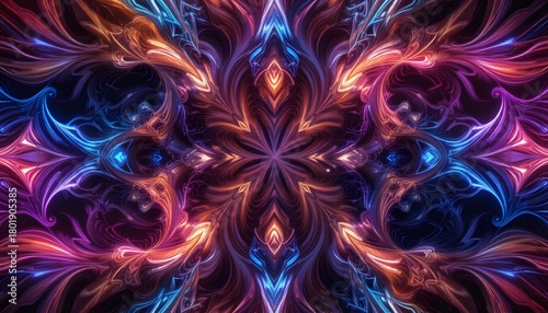 Abstract digital fractal tapestry with colorful neon lights, intricate flowing lines, elegant modern symmetry
