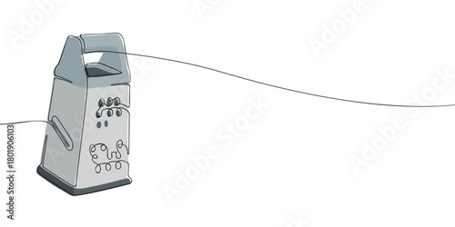 One line drawing of a grater isolated on white background. Minimal continuous line illustration of kitchen utensil for cooking, food preparation, and culinary design