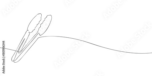 Minimal one-line drawing of kitchen tongs on a clean white background, showing simple contours of the gripping ends and handles in a modern, elegant style