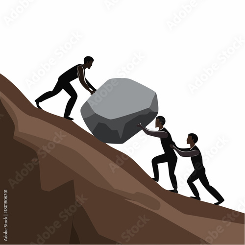 teamwork business concept. silhouette strong man - men helping pushing big rock up hill. life journey, risk destination.