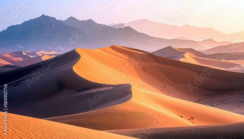 Fototapeta Naklejka Na Ścianę i Meble -  Vast desert landscape with rolling sand dunes in warm golden and brown tones, set against a backdrop of hazy, layered mountains under a soft, gradient sky.