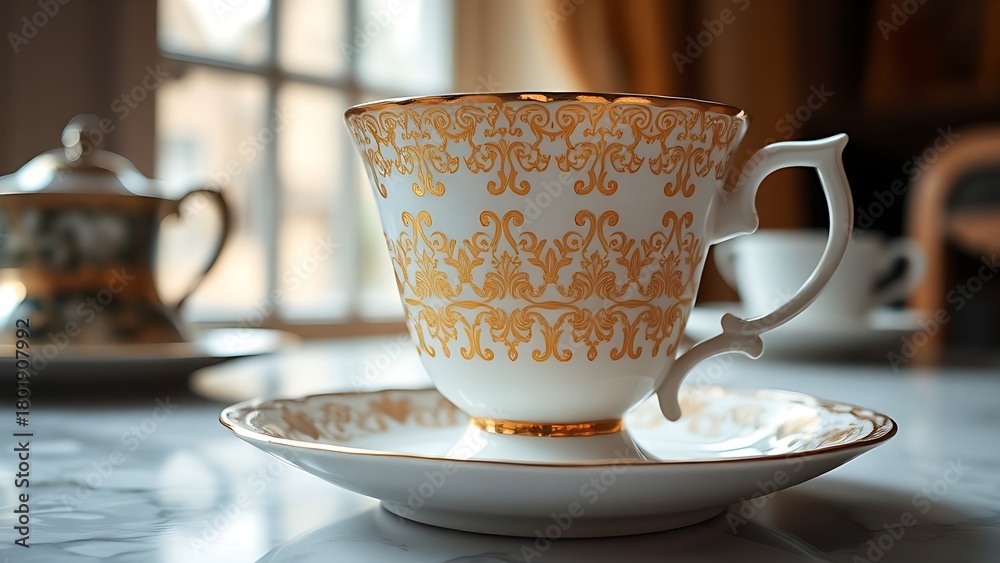 Fototapeta premium regularizing. Elegant white porcelain teacup with gold filigree patterns, soft window light highlighting delicate details. bar promotions.