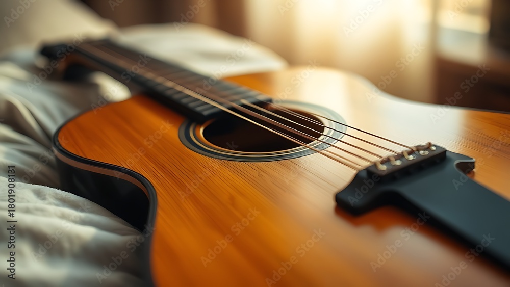 Fototapeta premium strumming. Acoustic guitar on soft surface with warm lighting highlighting natural wood textures, tutorial guides, club newsletters, designed for sports & leisure club marketing.