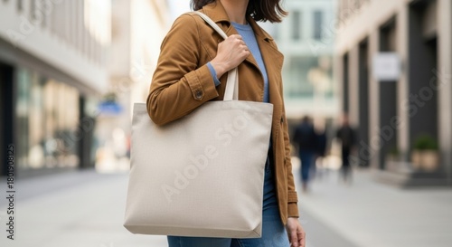 Woman Carrying Blank Tote Bag in City Street, Person, Blank bag, Canvas bag