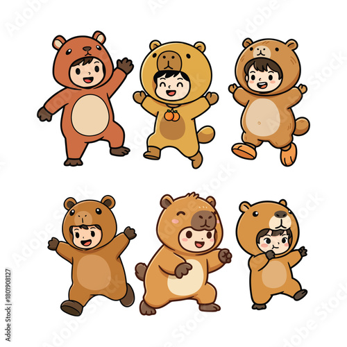 A collection of six cartoon children are cheerfully dressed in full-body capybara costumes with various ears and facial expressions
