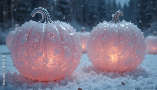 Glowing frosted pumpkins in a snowy winter forest, illuminated with soft warm light, magical holiday atmosphere, serene seasonal landscape with sparkling ice, cold twilight ambiance and enchanted