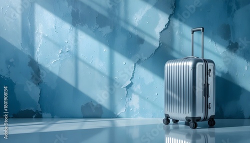 Modern silver travel suitcase standing in sunlight against a textured blue cracked wall, minimalist airport-style setting with long shadows, sleek luggage design, travel concept and holiday adventure 