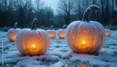 Enchanted glowing pumpkins in a snowy winter landscape, magical Halloween ambiance with warm candlelight, frosted ground, serene forest background and mystical seasonal atmosphere at dusk