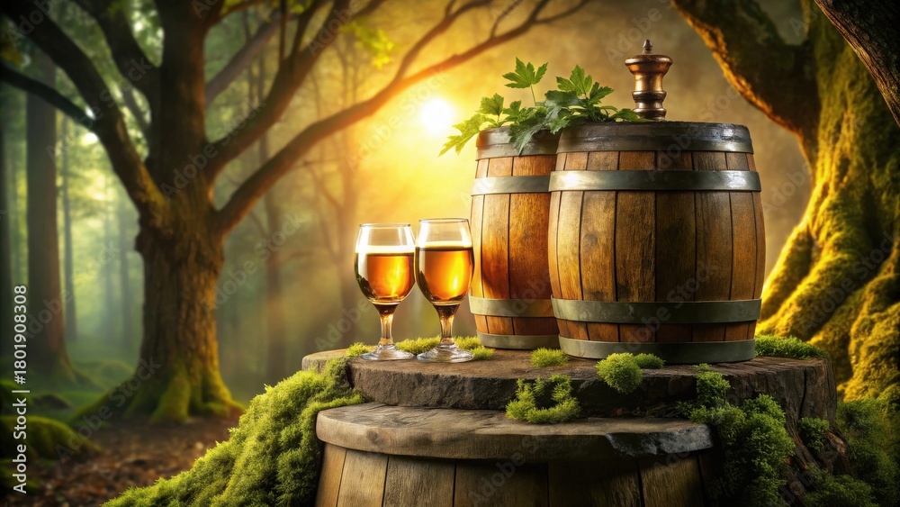 Obraz premium Golden Hour Beverages and Rustic Wooden Barrels in a Mystical Forest Setting
