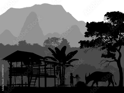 Farmer, Children, Rural life, Mountains, Silhouette, Traditional, Asian culture, Village scene, Farming, Agriculture, Countryside, 
