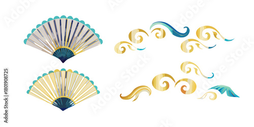 Decorative japanese fans and swirling wave ornaments in gold and blue on black background