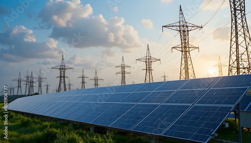 Solar energy panels capturing sunlight beside towering power lines, representing clean electricity production, renewable energy transition, and the future of sustainable power generation