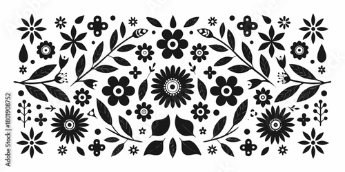 Black and white folk art floral pattern with various stylized flowers and leaves