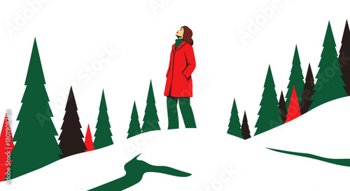 Woman in red coat enjoying winter landscape, cheerful mood among snowy trees on a transparent background
