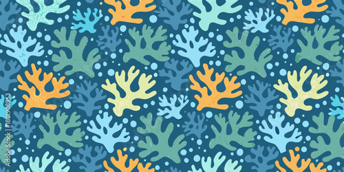 Seamless pattern of colorful coral branches and bubbles in a deep blue ocean background