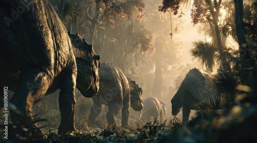 Herd of Dinosaur Creatures Walking Through a Dense Forest at Dawn