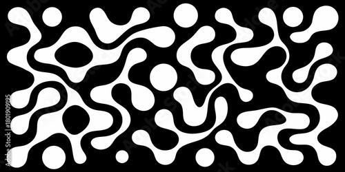 Abstract organic fluid shapes and circles creating a dynamic black and white pattern background
