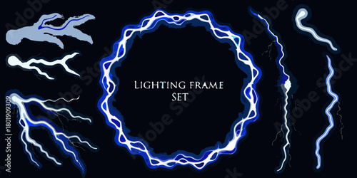 Collection of electric lightning bolt elements and a circular frame for design