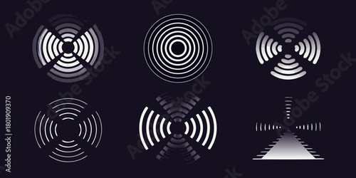 Collection of six abstract circular and radial graphic elements with white and grey gradients on a dark background