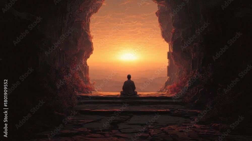 Naklejka premium Meditating Monk Sitting in Cave Watching Sunrise Over Mountain Landscape