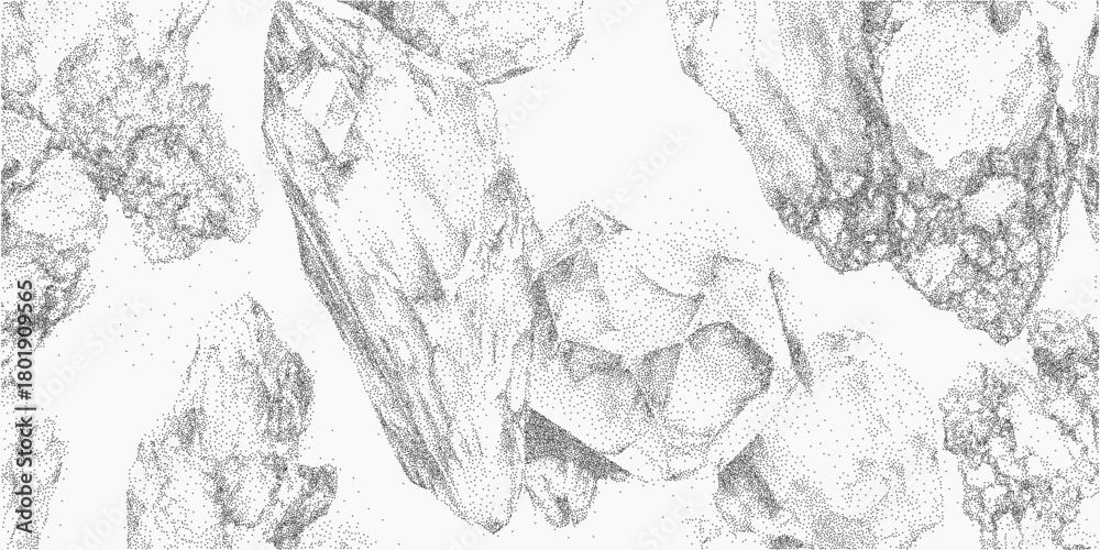 Fototapeta premium Background with stones and crystals in random layout, gritty surface texture and stipple dust, paper grain and faded ink around mineral forms.