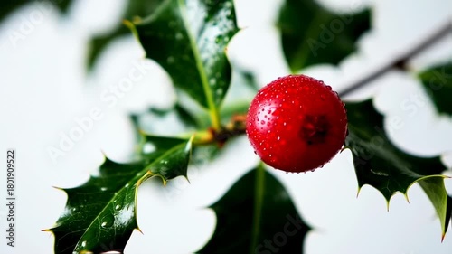 Close up of a single red holly berry with green leaves and water droplets.