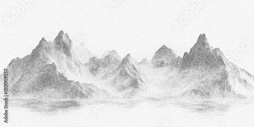 High mountains and hills. Rough ink shape with dry grain texture scattered dust and soft threshold edges. Faint scratches and stipple noise cover the faded surface.